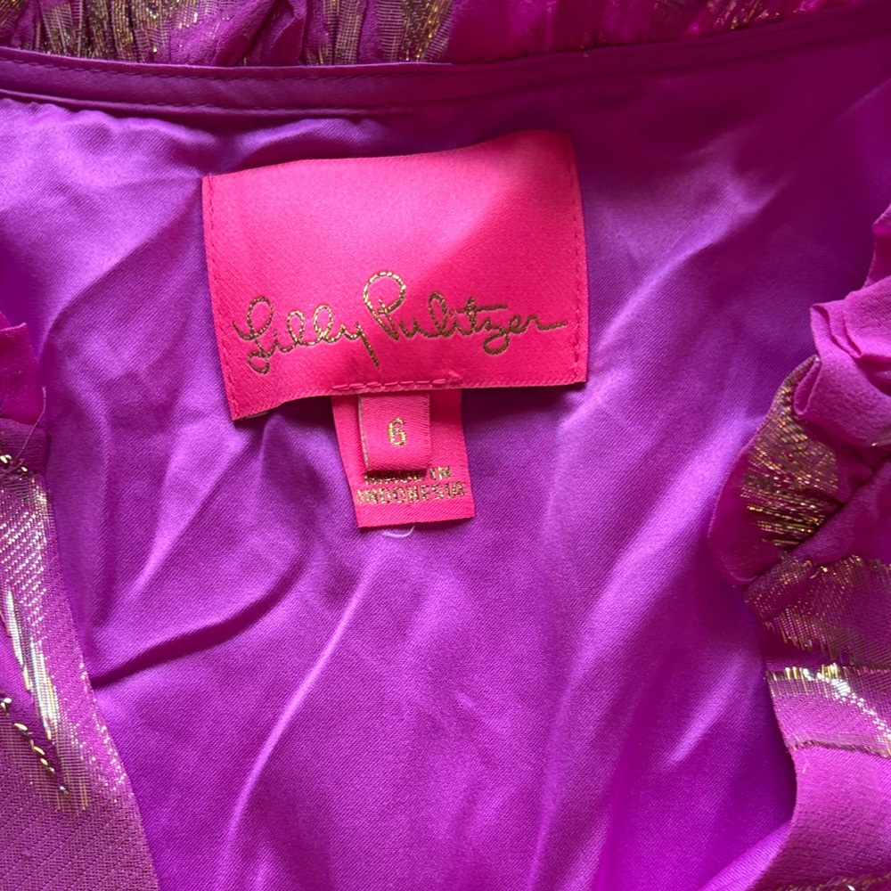 Lilly Pulitzer Magenta Pink Metallic Gold Tiered Dress - Picture 2 of 3